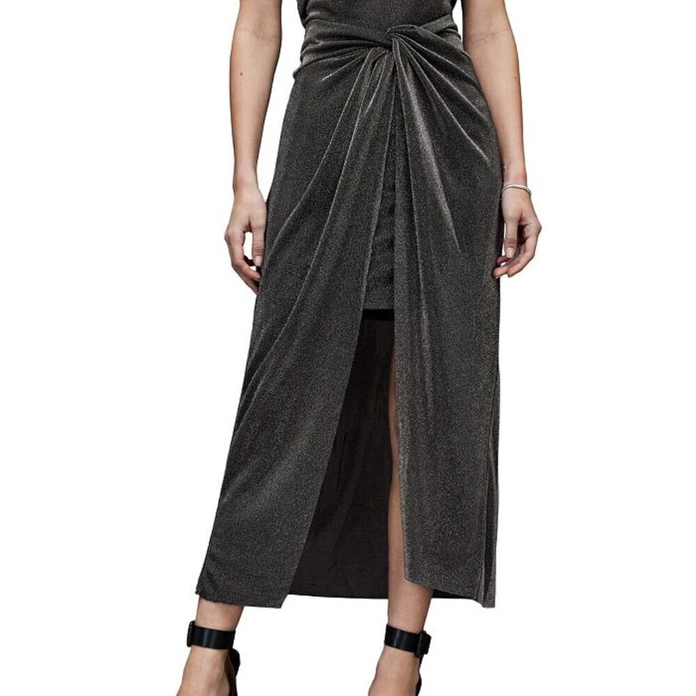✅NWT‎ ALLSAINTS Sami Black Silver Metallic gathered Midi Skirt SIZE 2